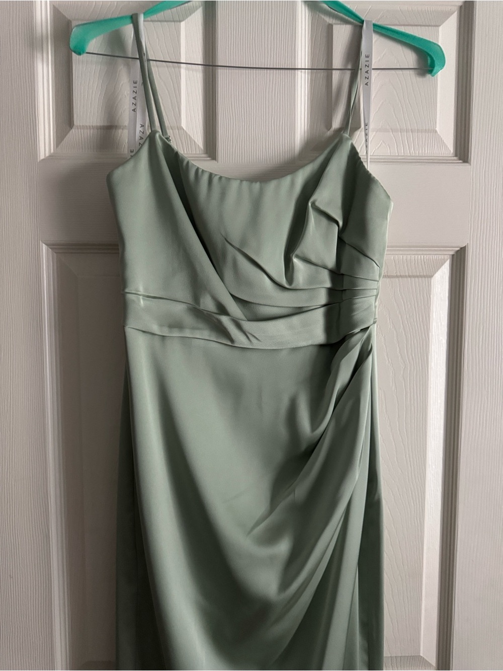 Azazie Sage Green Strapless Draped Evening Dress